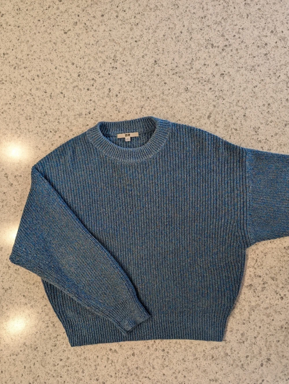 Uniqlo Small Boxy Sweater Crew Neck Grey Blue Wide Arm Cotton Knit Long Sleeve - Picture 16 of 16